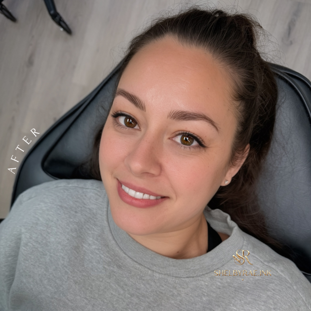 Close-up of permanent makeup nano brows with realistic hair strokes and soft shading, created by Shelbyrae.ink in Rocklin, California.