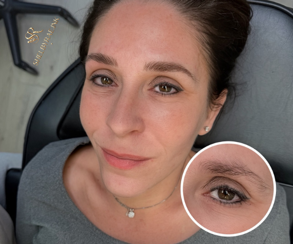 Close-up of beautifully shaped permanent makeup brows with natural-looking nano strokes and soft shading, performed by Shelbyrae.ink in Rocklin, California.