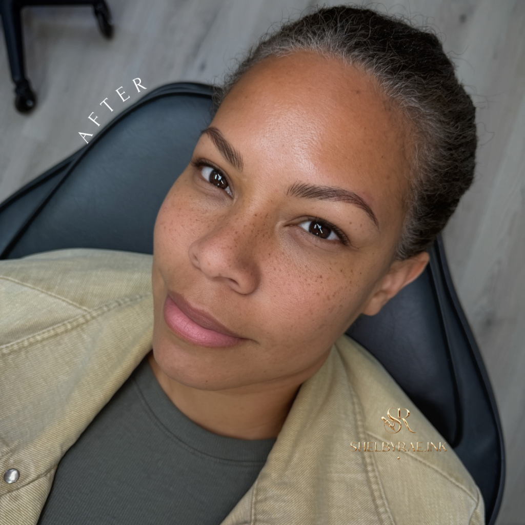 Close-up of PMU nano fusion brows combining nano hair strokes and soft shading for a full, natural brow look by Shelbyrae.ink in Rocklin, California.